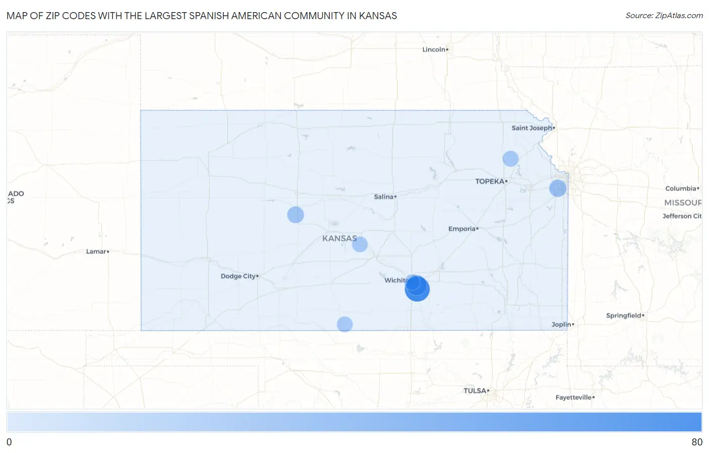 Zip Codes with the Largest Spanish American Community in Kansas Map