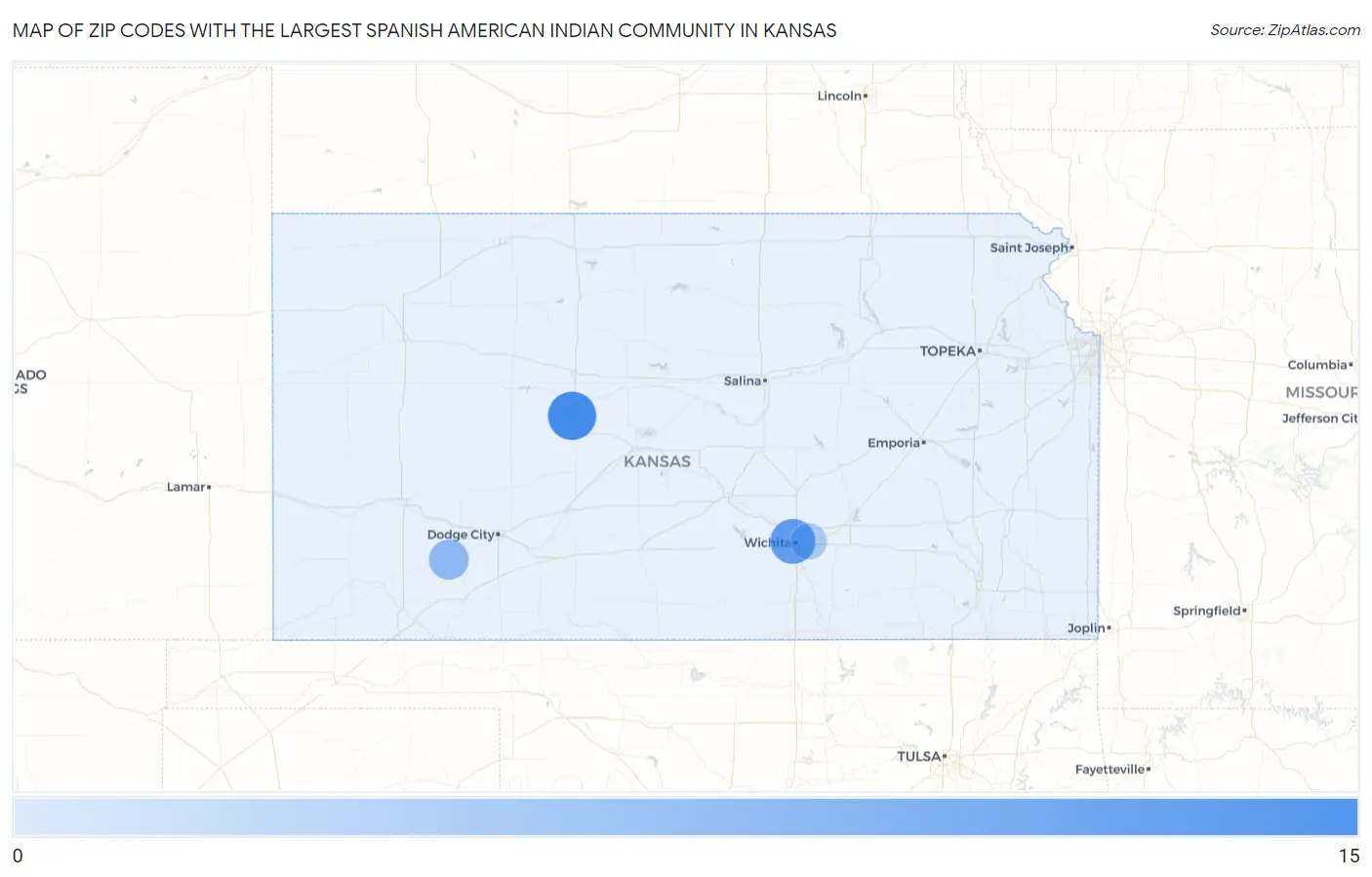 Zip Codes with the Largest Spanish American Indian Community in Kansas Map