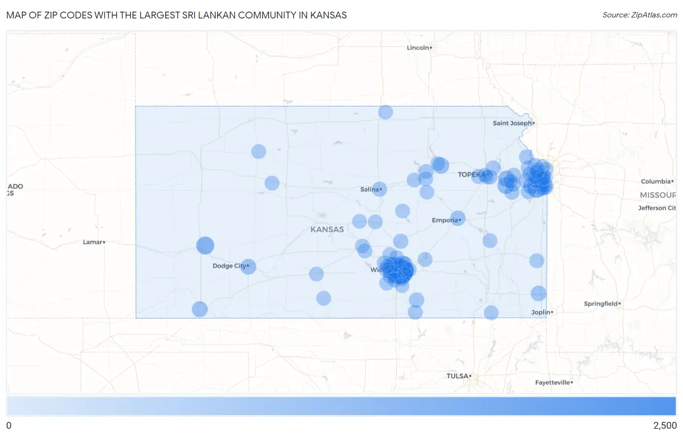 Zip Codes with the Largest Sri Lankan Community in Kansas Map