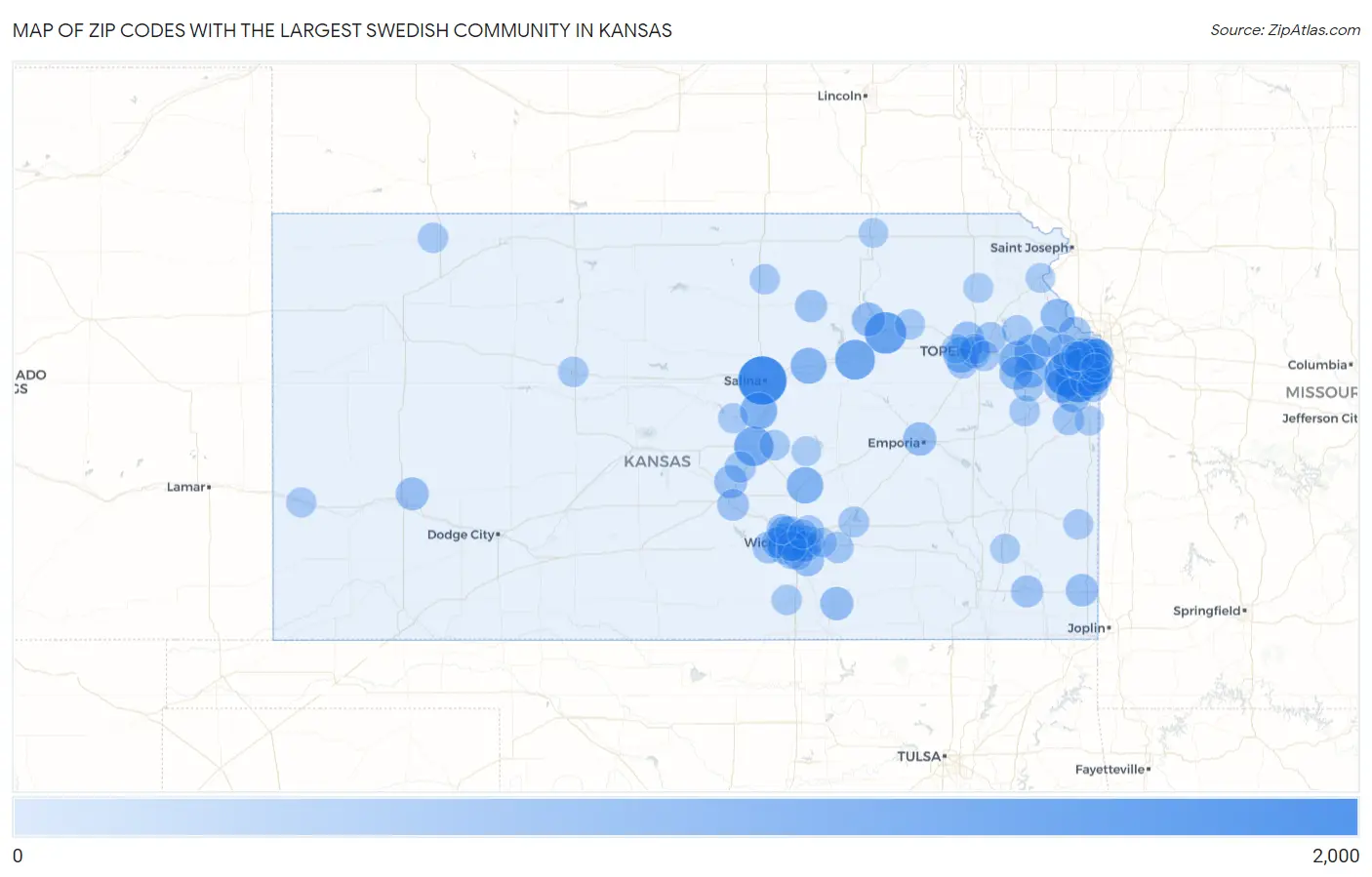 Zip Codes with the Largest Swedish Community in Kansas Map