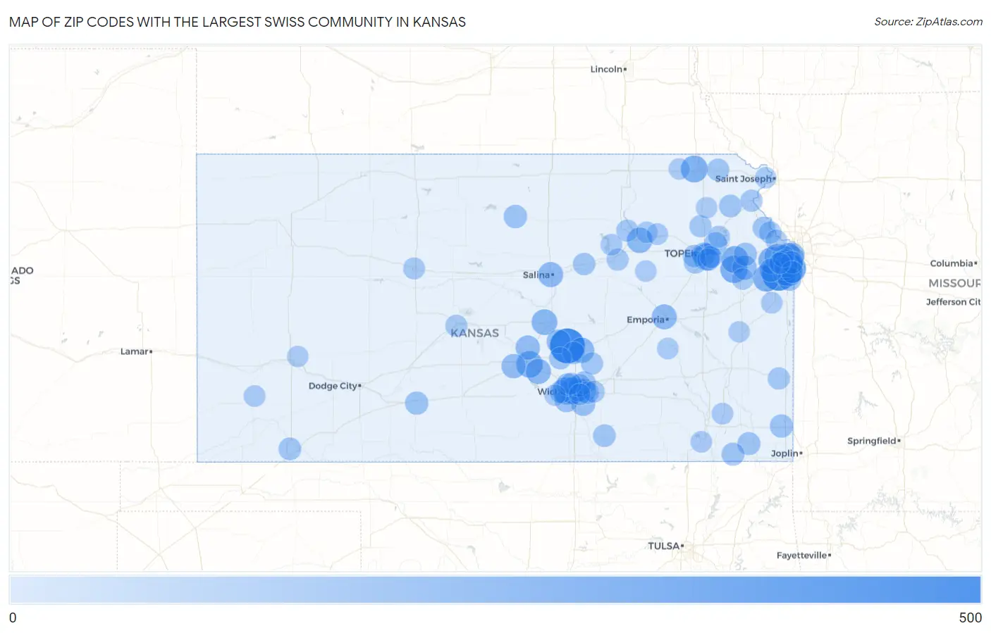 Zip Codes with the Largest Swiss Community in Kansas Map