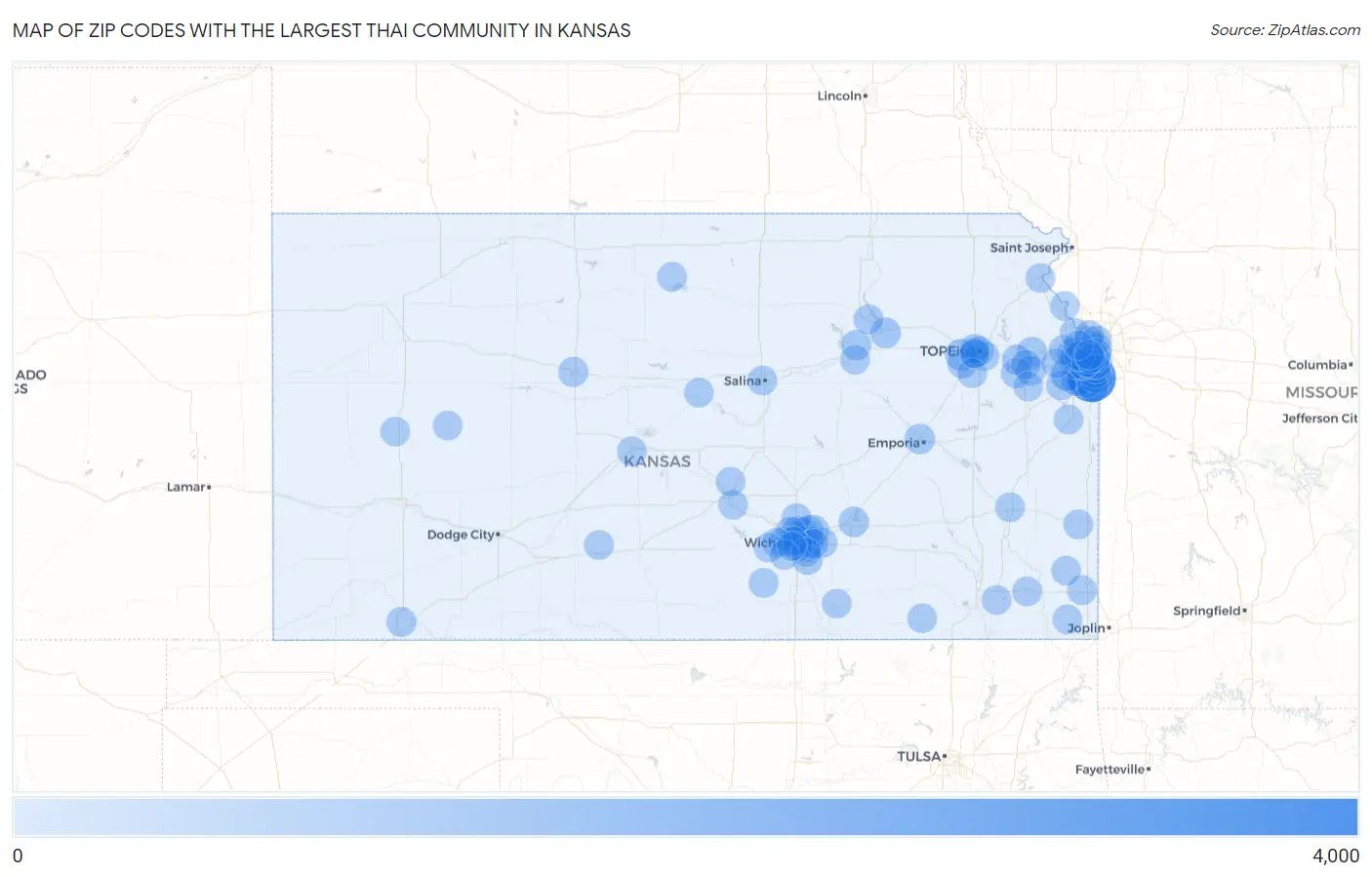 Zip Codes with the Largest Thai Community in Kansas Map