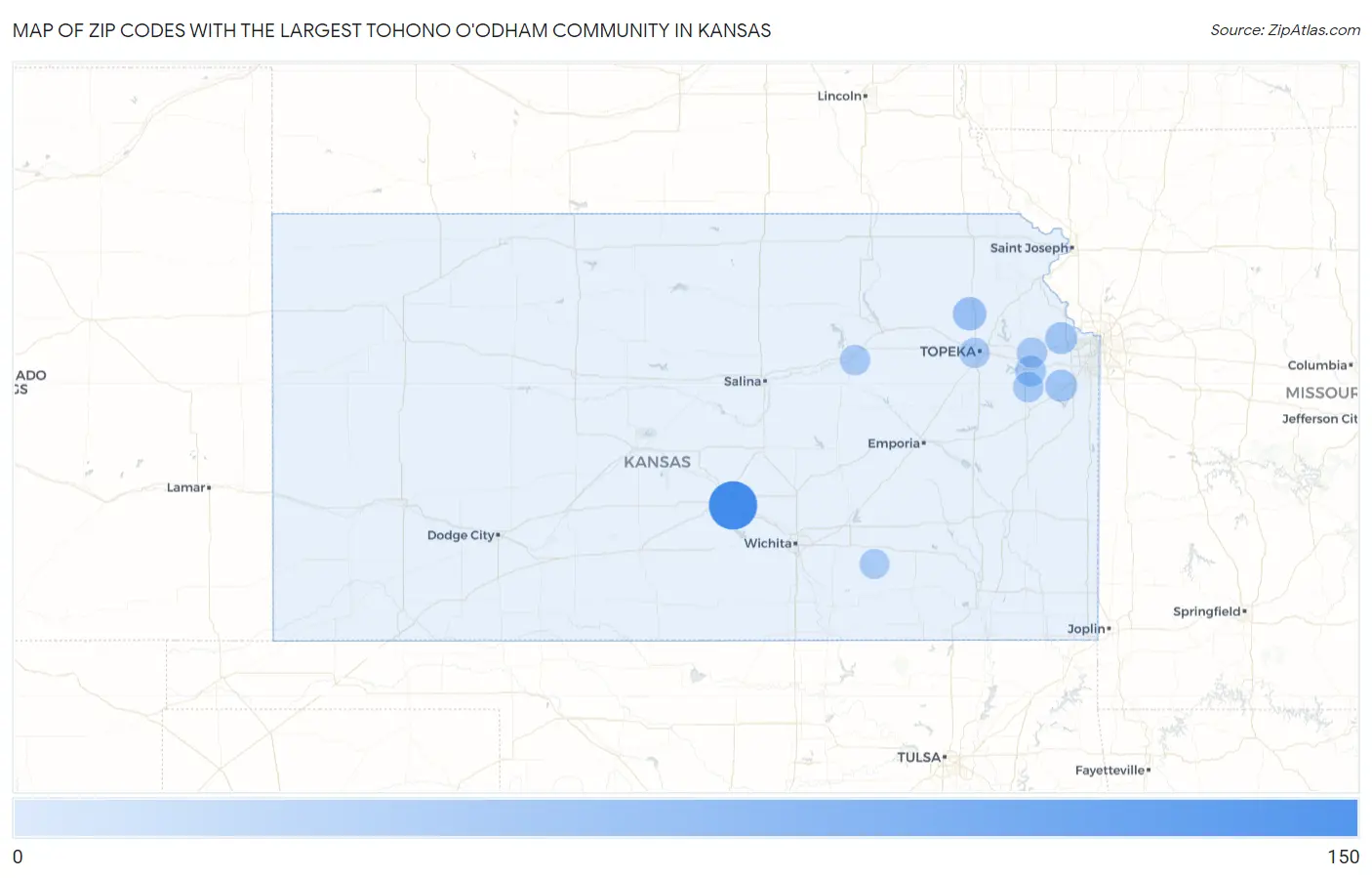 Zip Codes with the Largest Tohono O'Odham Community in Kansas Map
