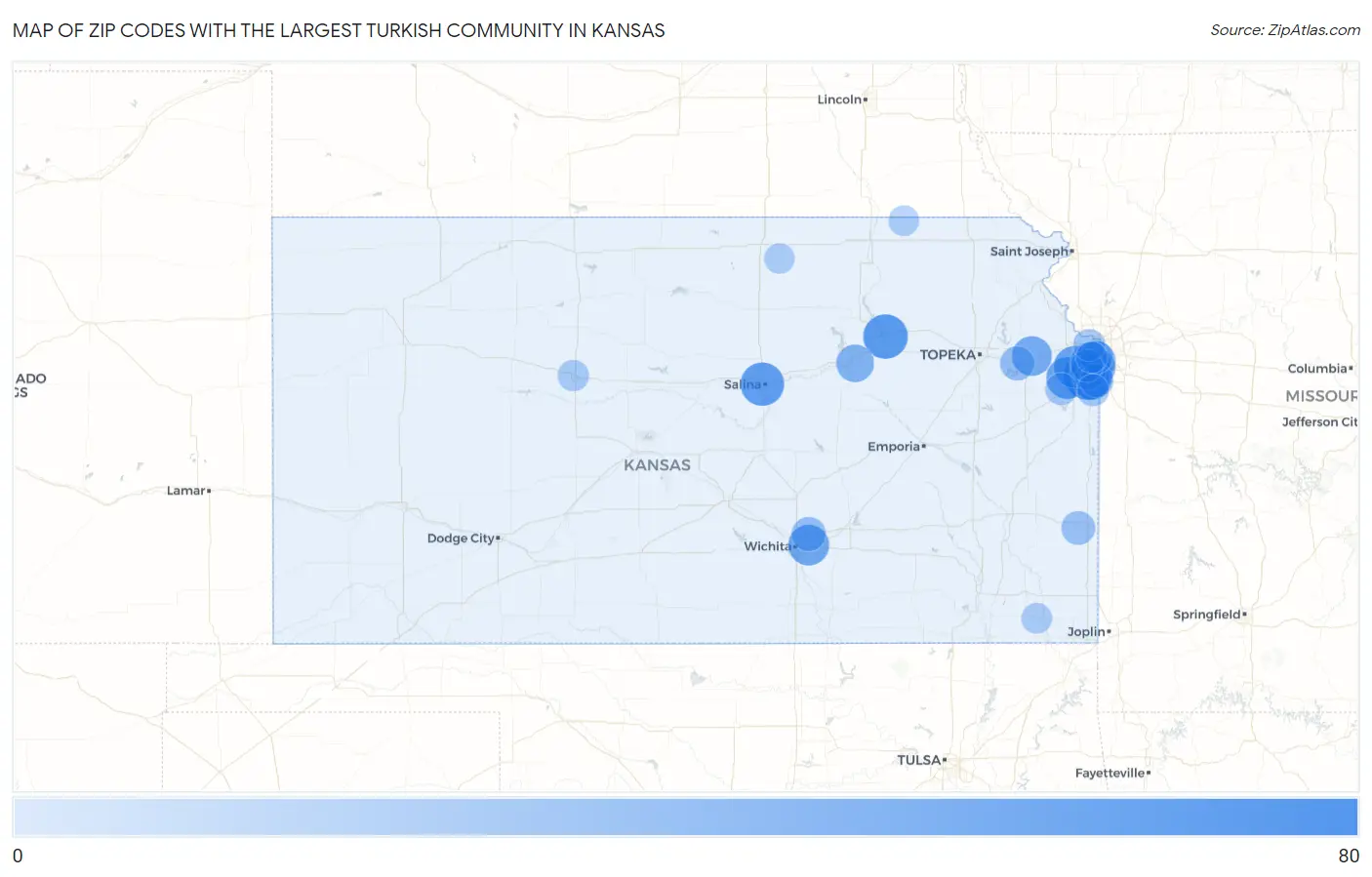 Zip Codes with the Largest Turkish Community in Kansas Map