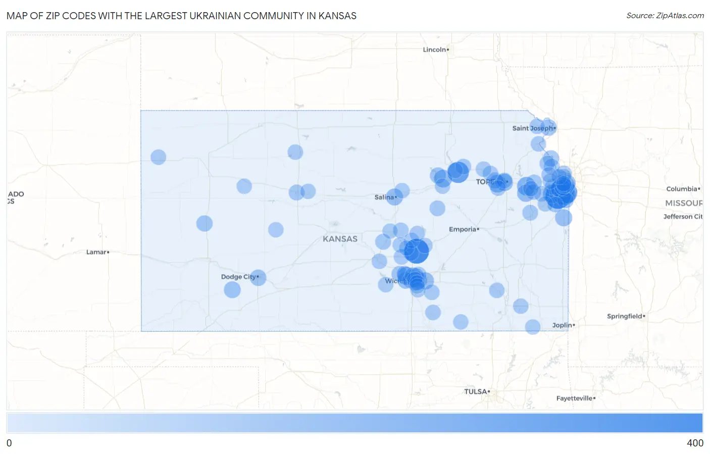 Zip Codes with the Largest Ukrainian Community in Kansas Map