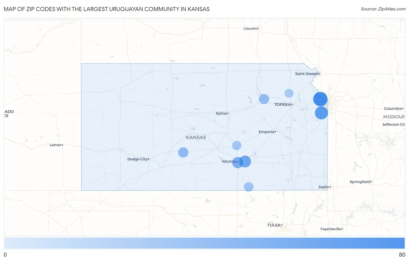 Zip Codes with the Largest Uruguayan Community in Kansas Map