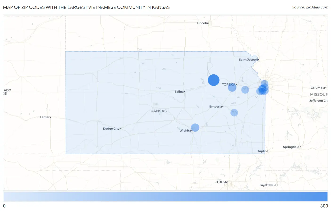 Zip Codes with the Largest Vietnamese Community in Kansas Map