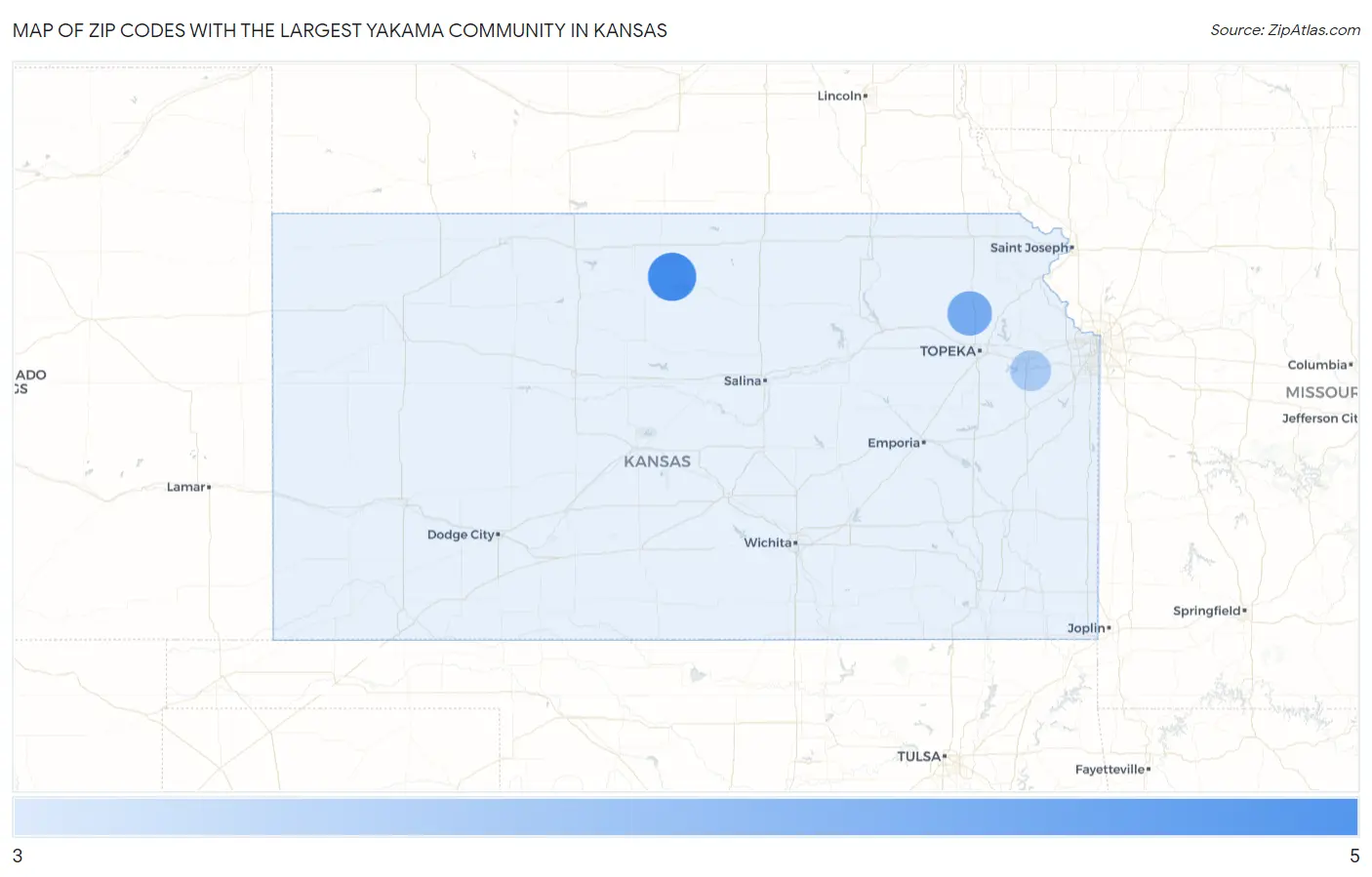 Zip Codes with the Largest Yakama Community in Kansas Map
