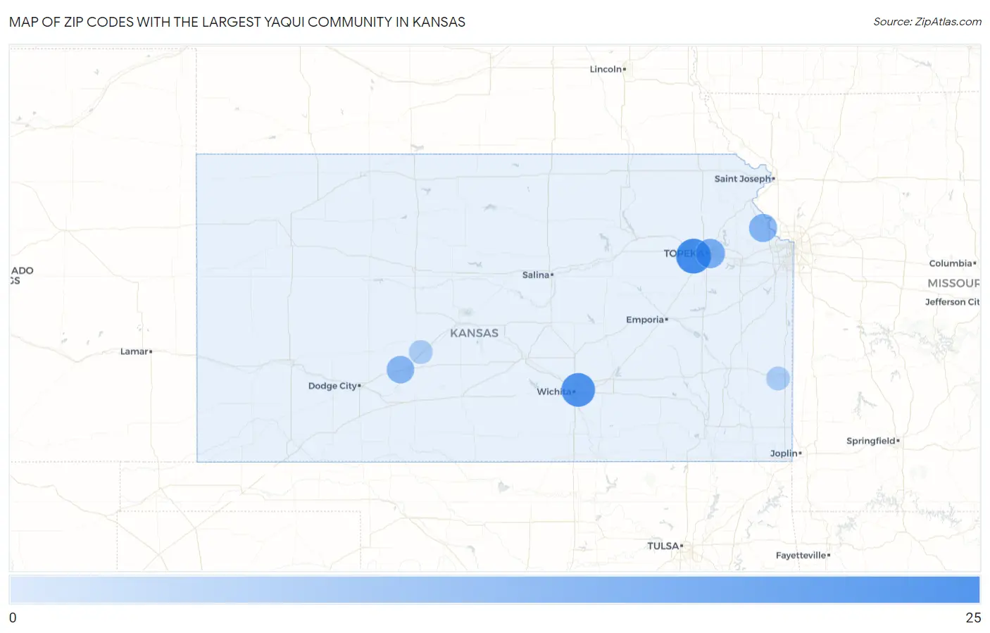 Zip Codes with the Largest Yaqui Community in Kansas Map
