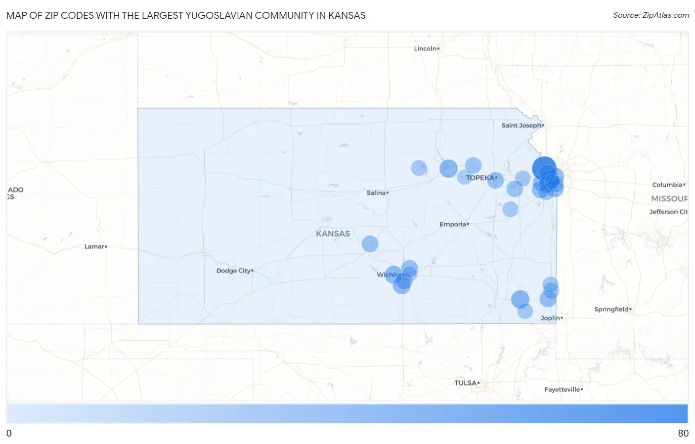 Zip Codes with the Largest Yugoslavian Community in Kansas Map