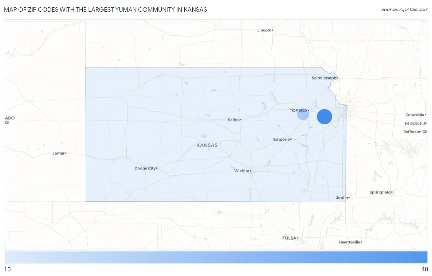 Zip Codes with the Largest Yuman Community in Kansas Map