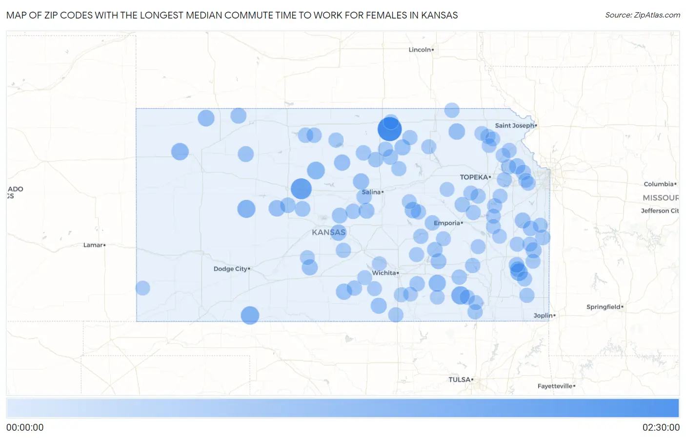 Zip Codes with the Longest Median Commute Time to Work for Females in Kansas Map