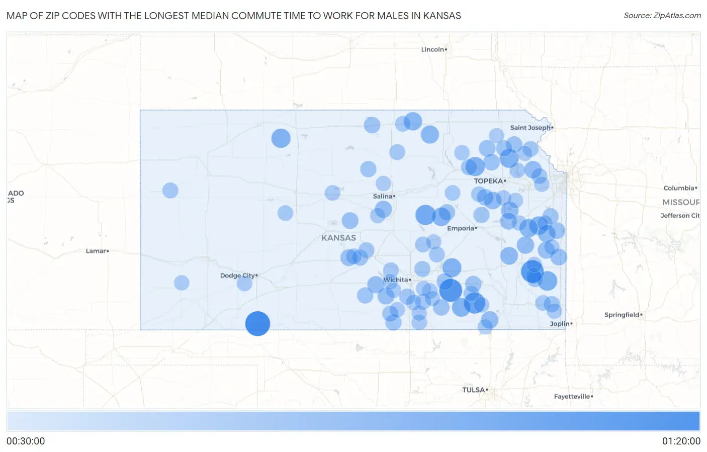 Zip Codes with the Longest Median Commute Time to Work for Males in Kansas Map