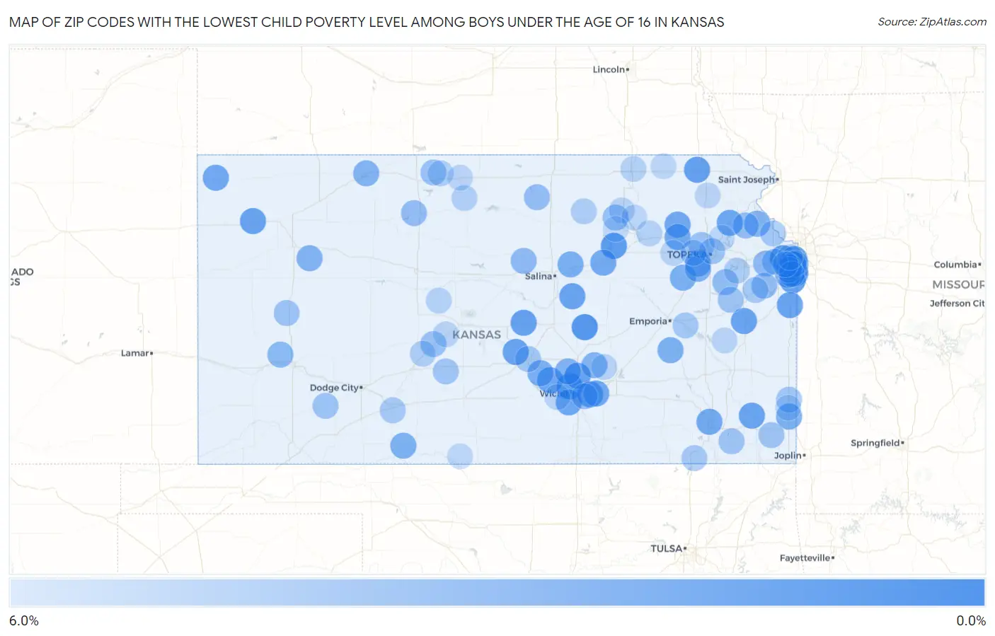 Zip Codes with the Lowest Child Poverty Level Among Boys Under the Age of 16 in Kansas Map