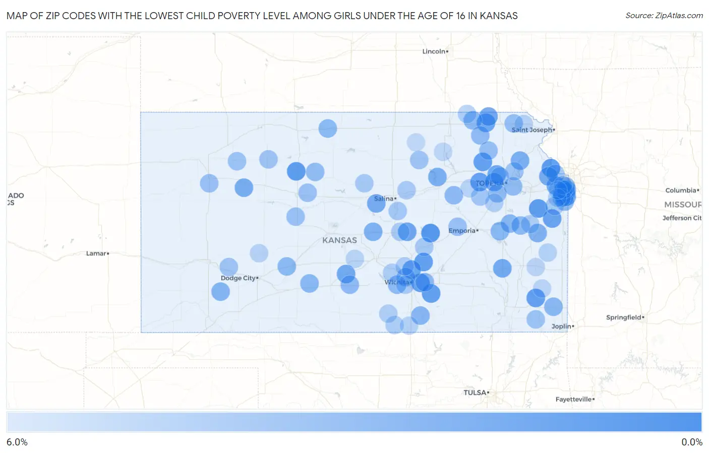 Zip Codes with the Lowest Child Poverty Level Among Girls Under the Age of 16 in Kansas Map