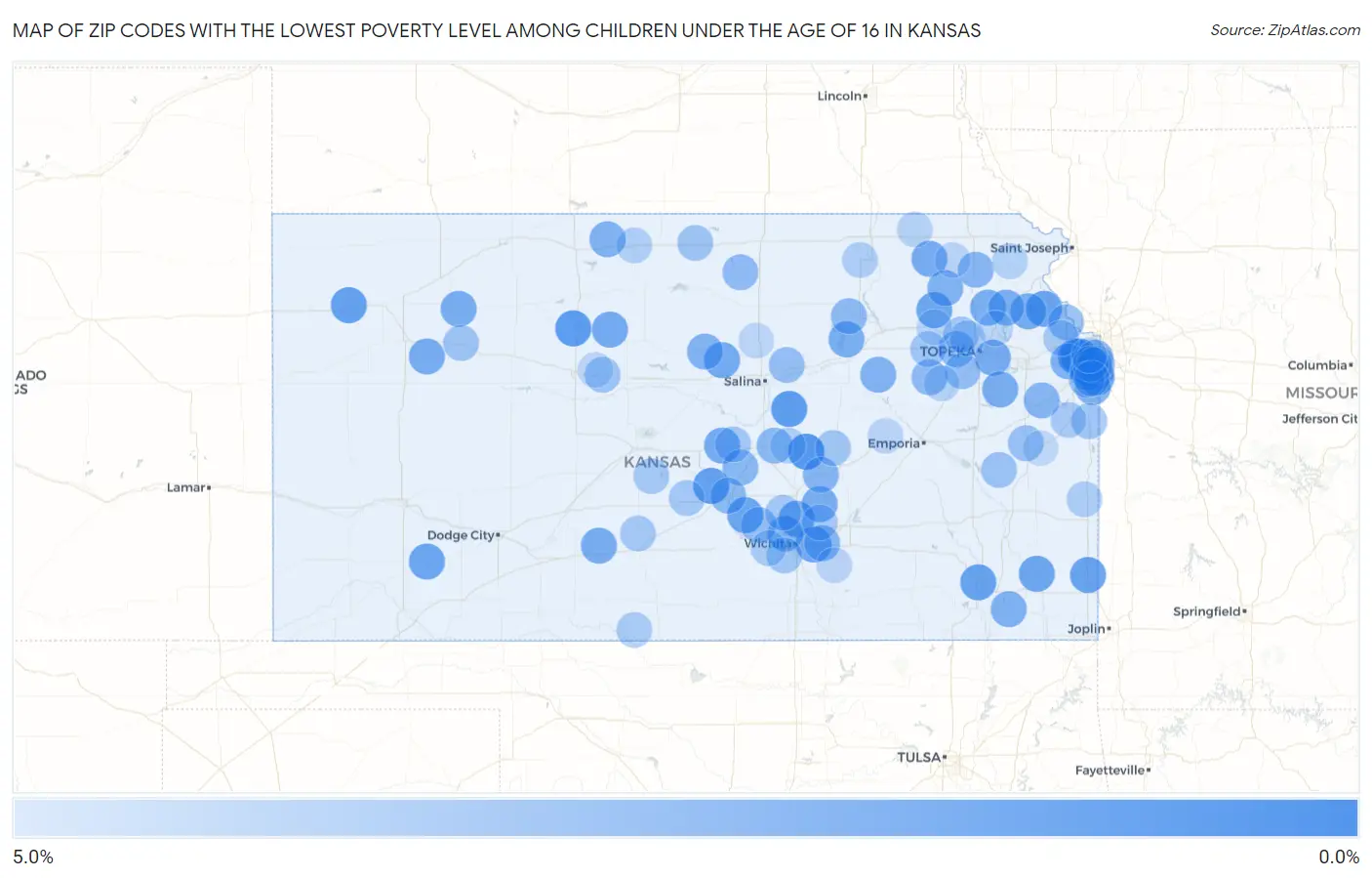Zip Codes with the Lowest Poverty Level Among Children Under the Age of 16 in Kansas Map