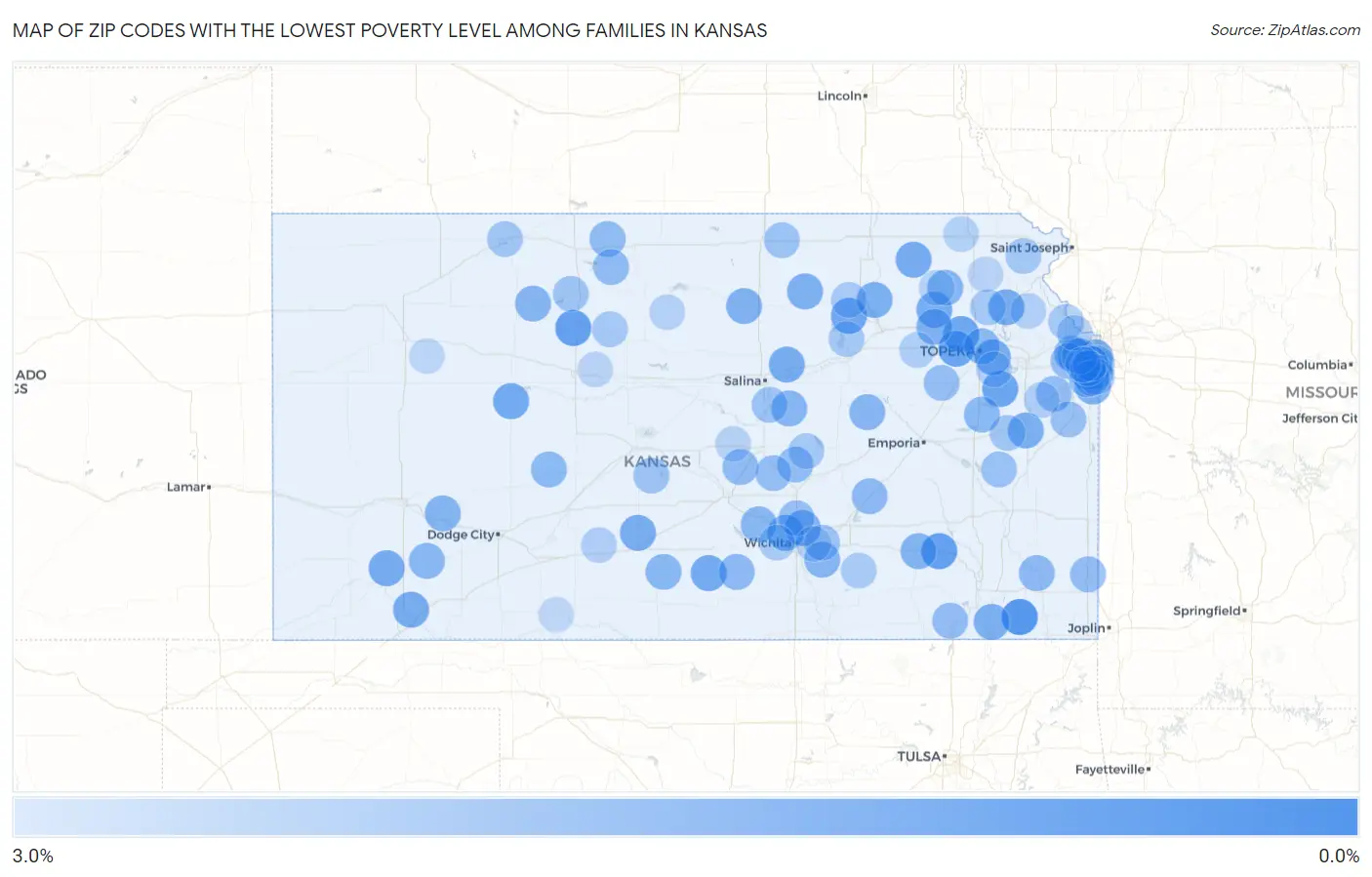 Zip Codes with the Lowest Poverty Level Among Families in Kansas Map