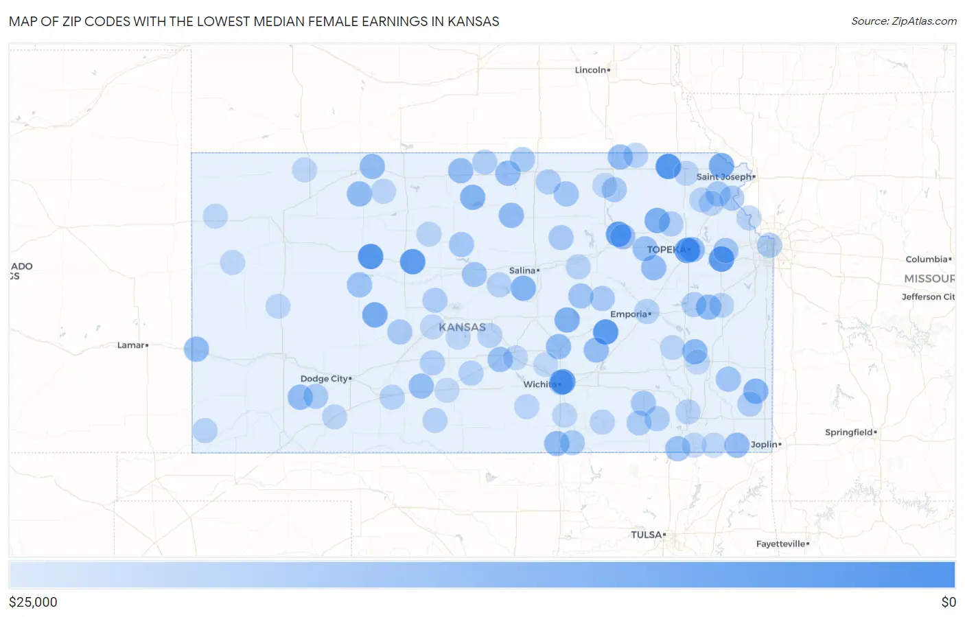 Zip Codes with the Lowest Median Female Earnings in Kansas Map