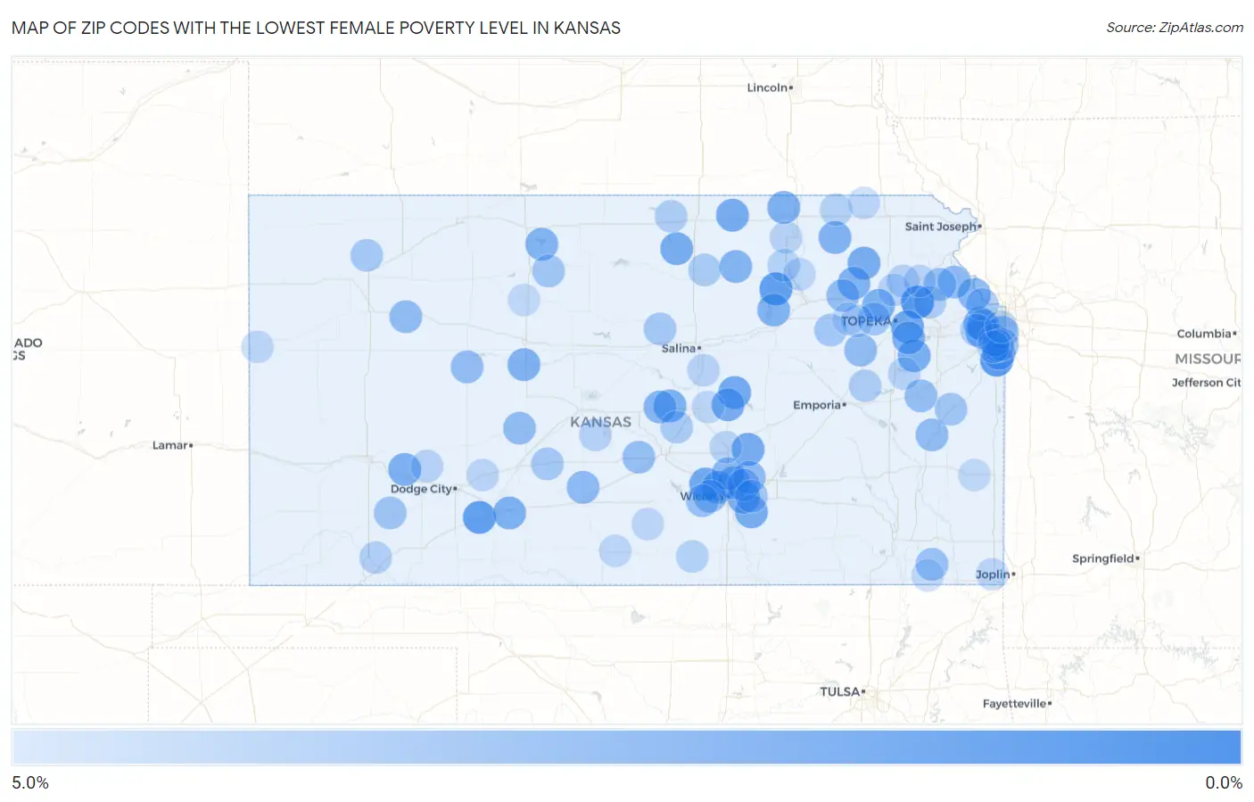 Zip Codes with the Lowest Female Poverty Level in Kansas Map