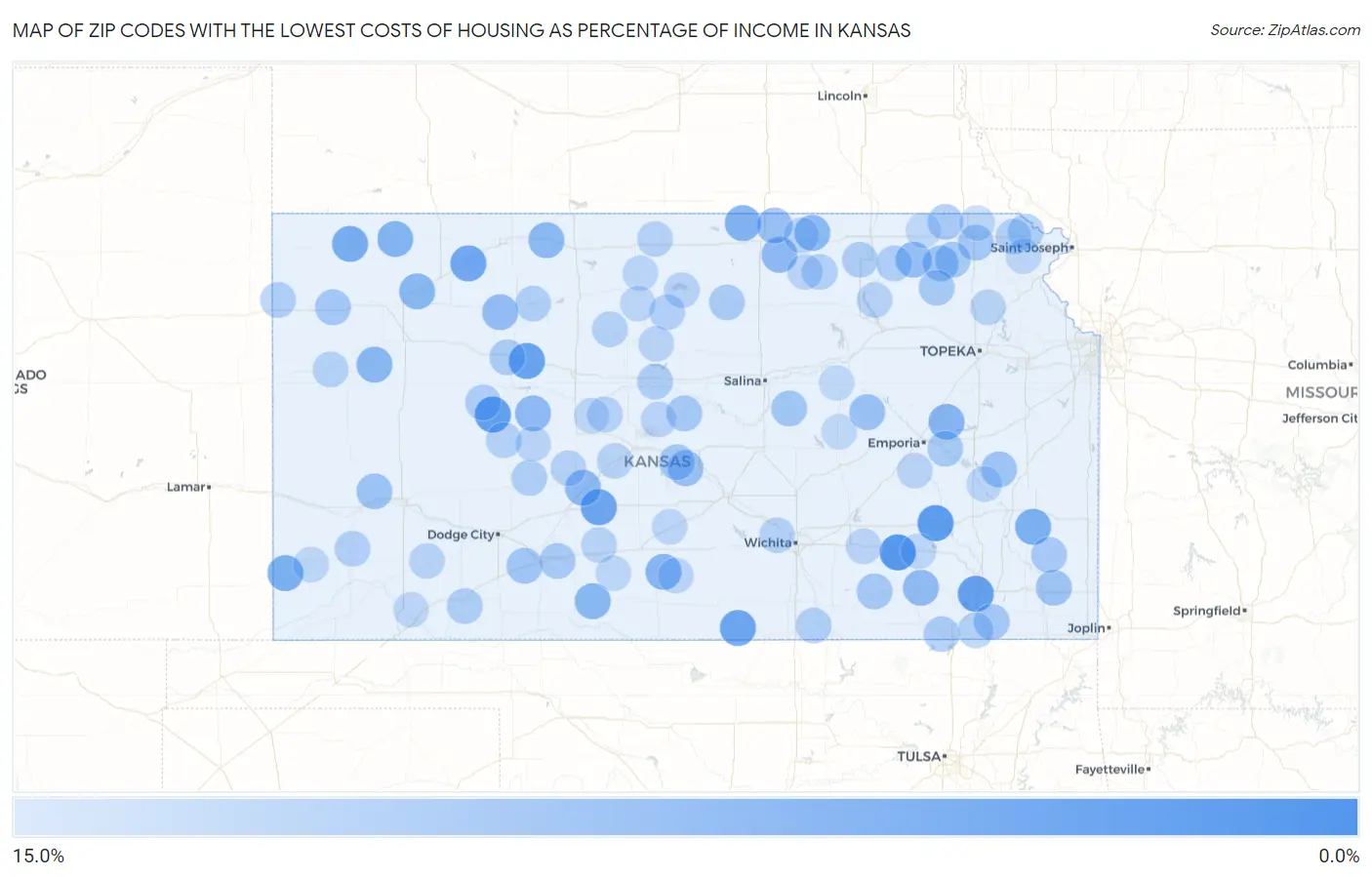 Zip Codes with the Lowest Costs of Housing as Percentage of Income in Kansas Map