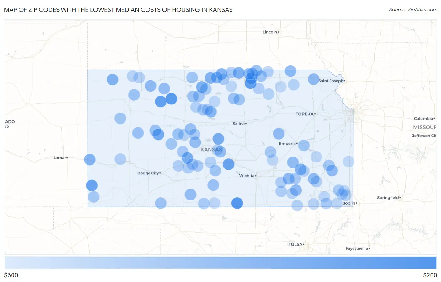 Zip Codes with the Lowest Median Costs of Housing in Kansas Map