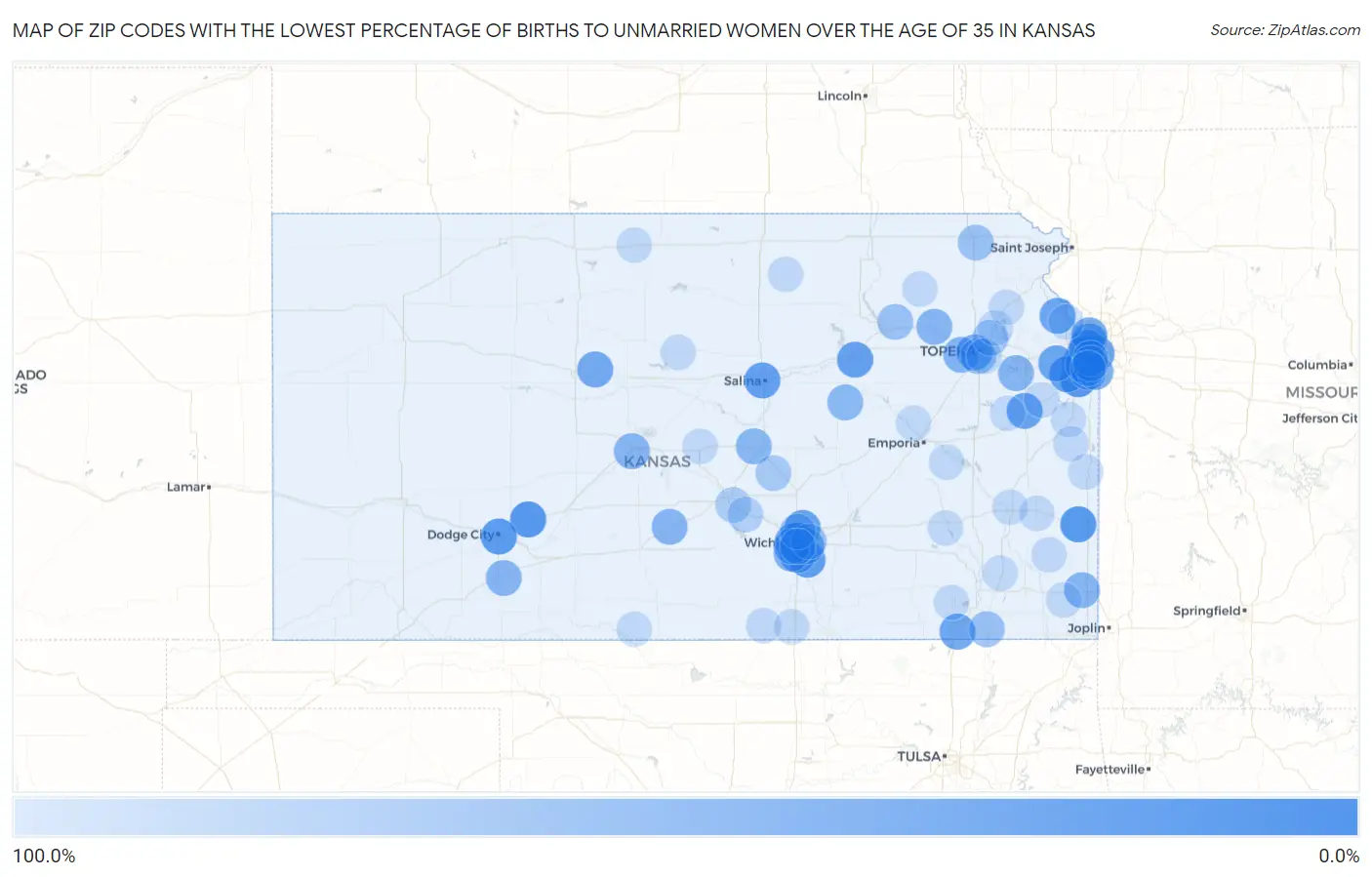 Zip Codes with the Lowest Percentage of Births to Unmarried Women over the Age of 35 in Kansas Map