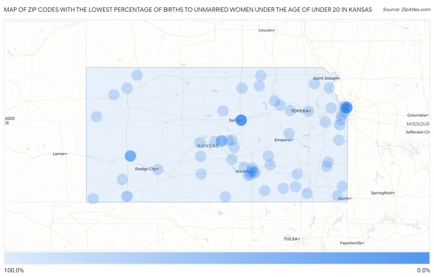 Zip Codes with the Lowest Percentage of Births to Unmarried Women under the Age of under 20 in Kansas Map