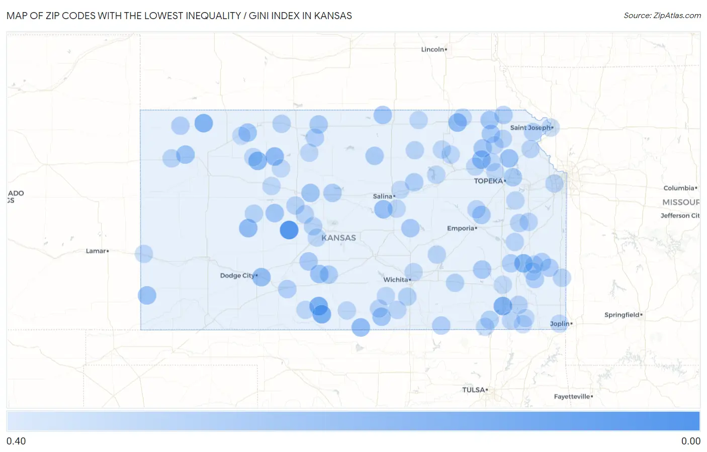 Zip Codes with the Lowest Inequality / Gini Index in Kansas Map