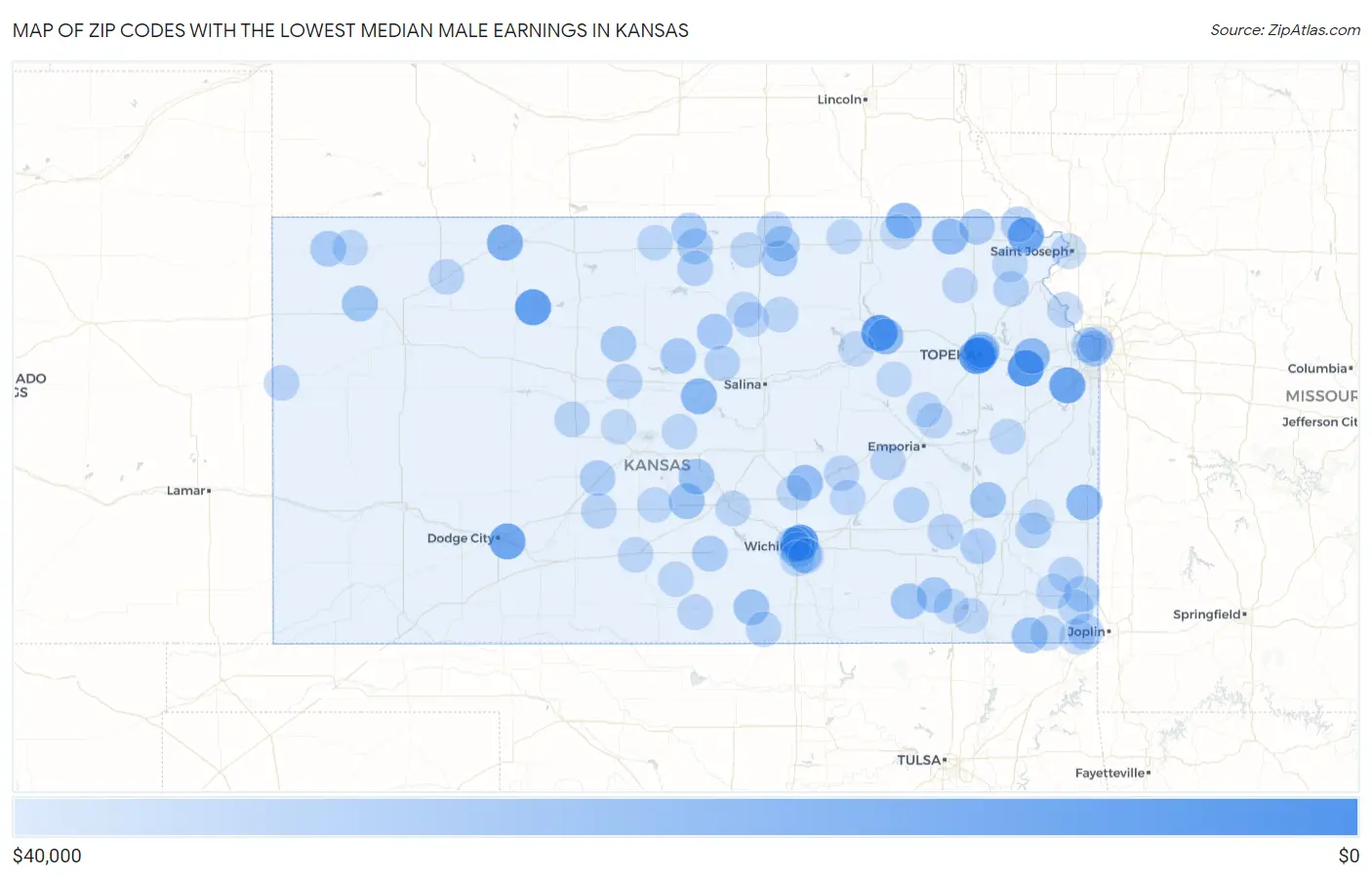 Zip Codes with the Lowest Median Male Earnings in Kansas Map