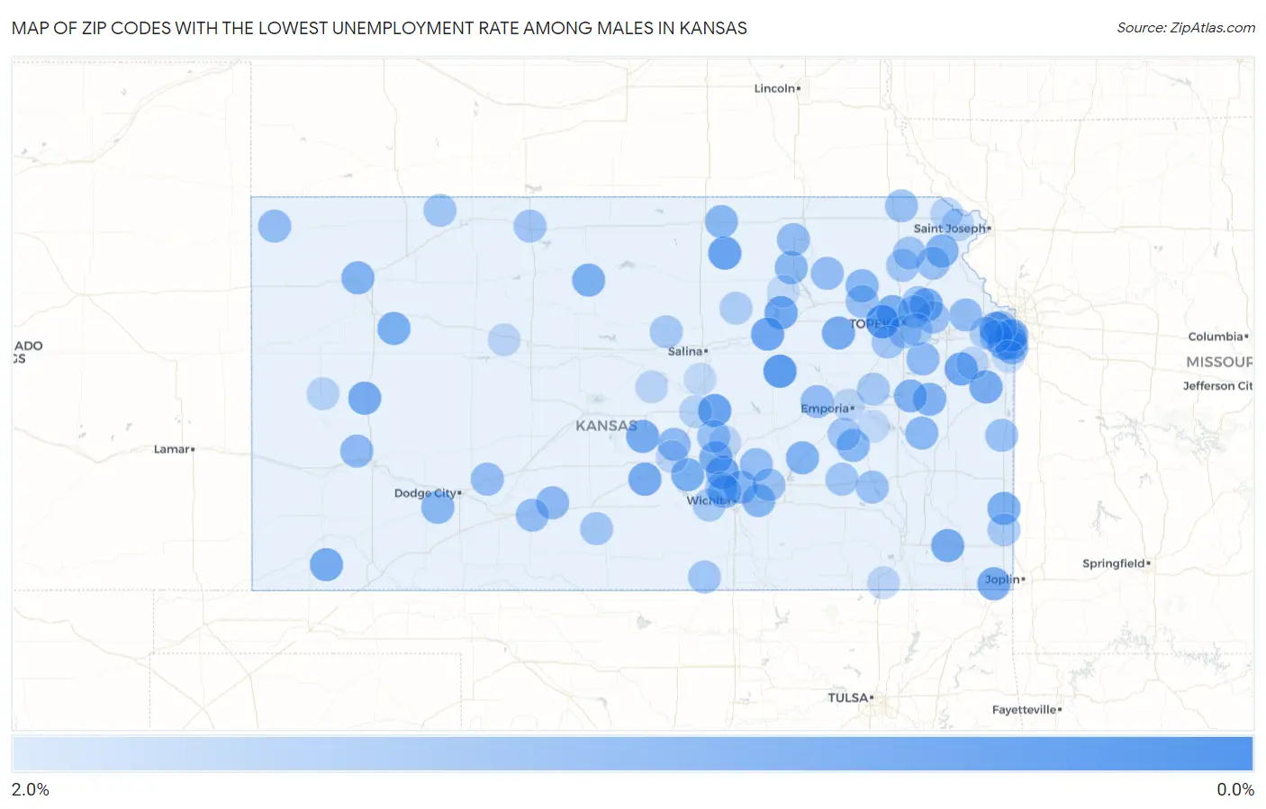 Zip Codes with the Lowest Unemployment Rate Among Males in Kansas Map
