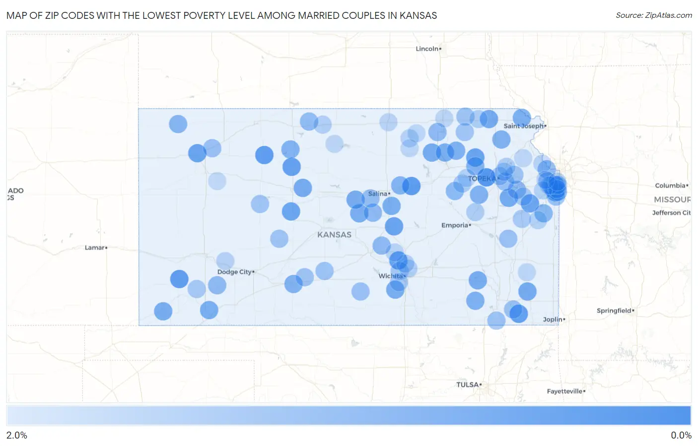 Zip Codes with the Lowest Poverty Level Among Married Couples in Kansas Map
