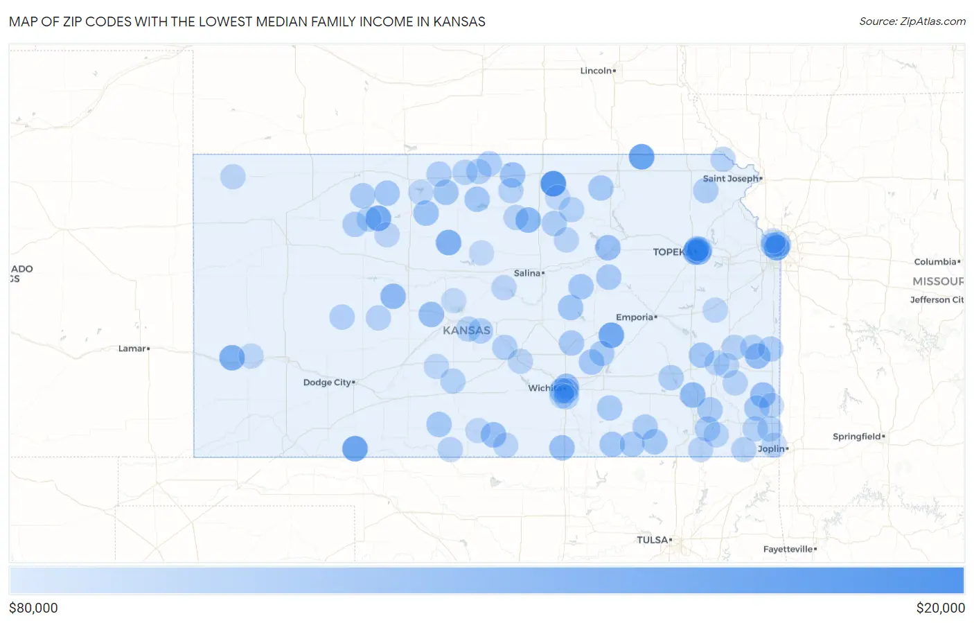 Zip Codes with the Lowest Median Family Income in Kansas Map