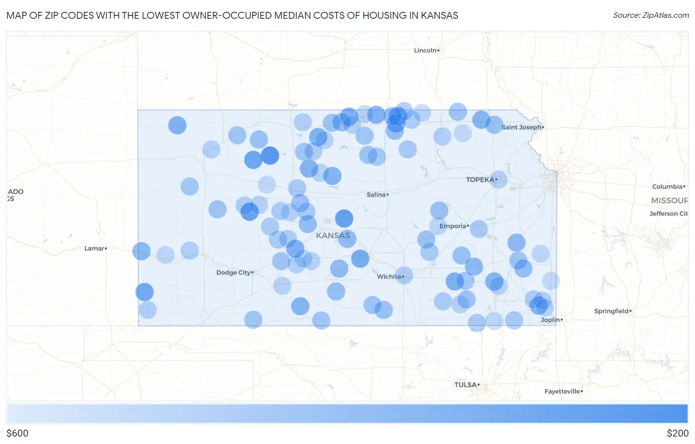 Zip Codes with the Lowest Owner-Occupied Median Costs of Housing in Kansas Map