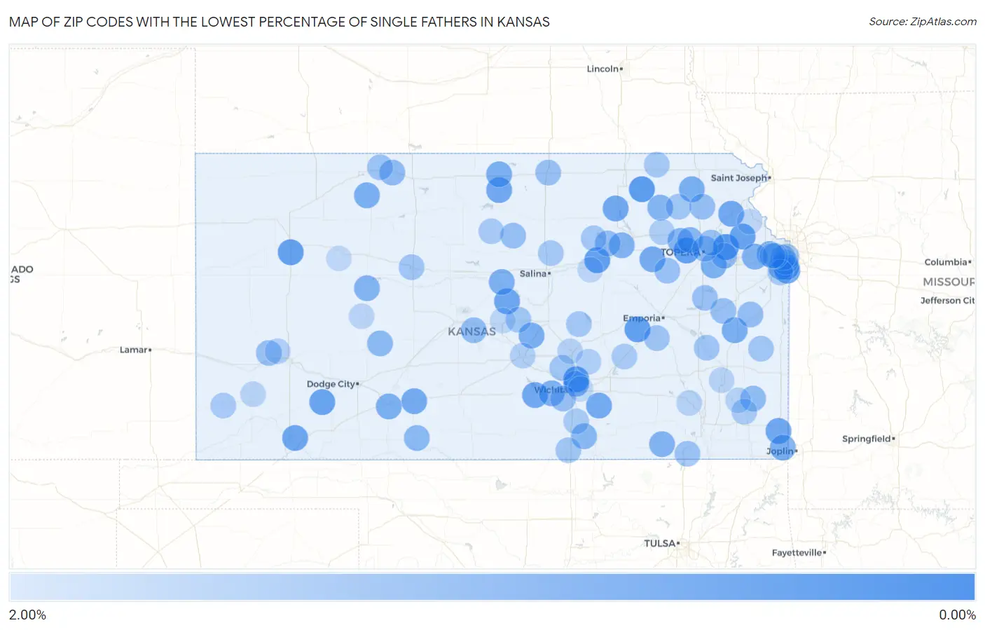 Zip Codes with the Lowest Percentage of Single Fathers in Kansas Map