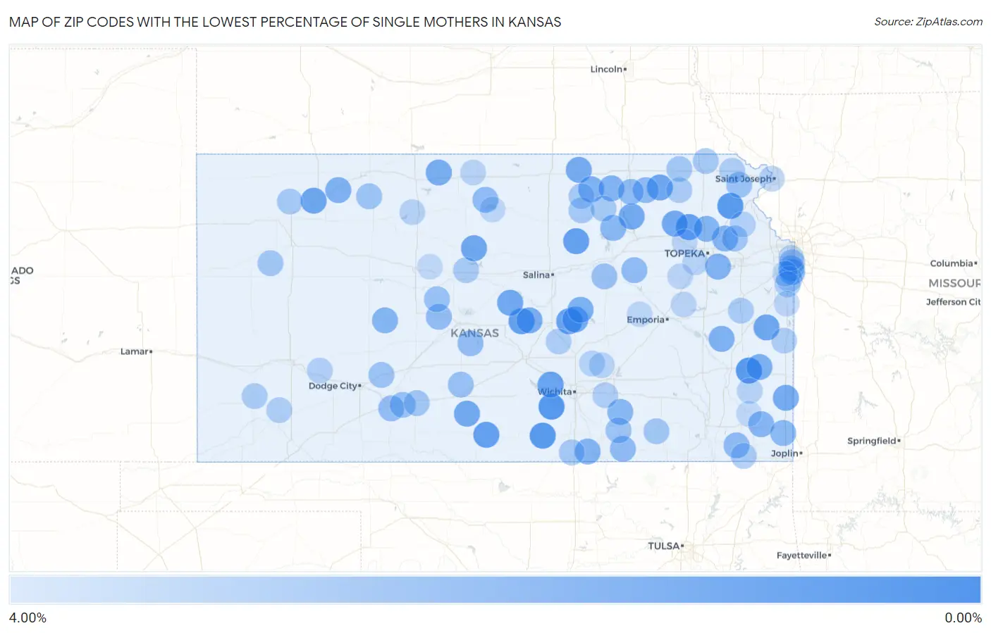 Zip Codes with the Lowest Percentage of Single Mothers in Kansas Map