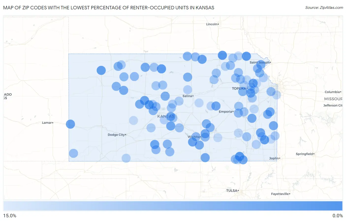 Zip Codes with the Lowest Percentage of Renter-Occupied Units in Kansas Map