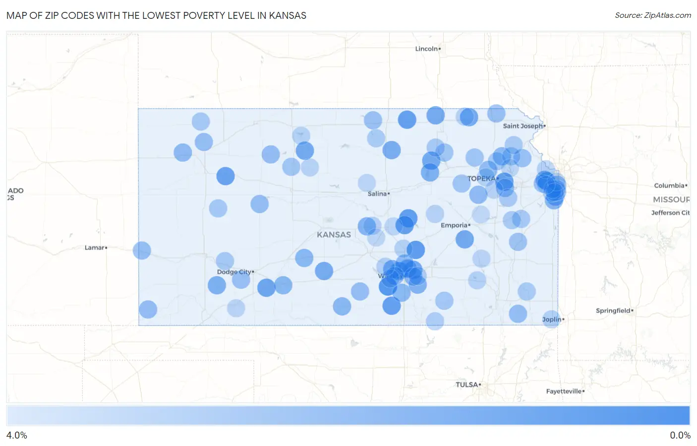 Zip Codes with the Lowest Poverty Level in Kansas Map
