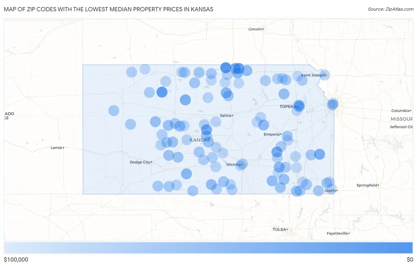 Zip Codes with the Lowest Median Property Prices in Kansas Map