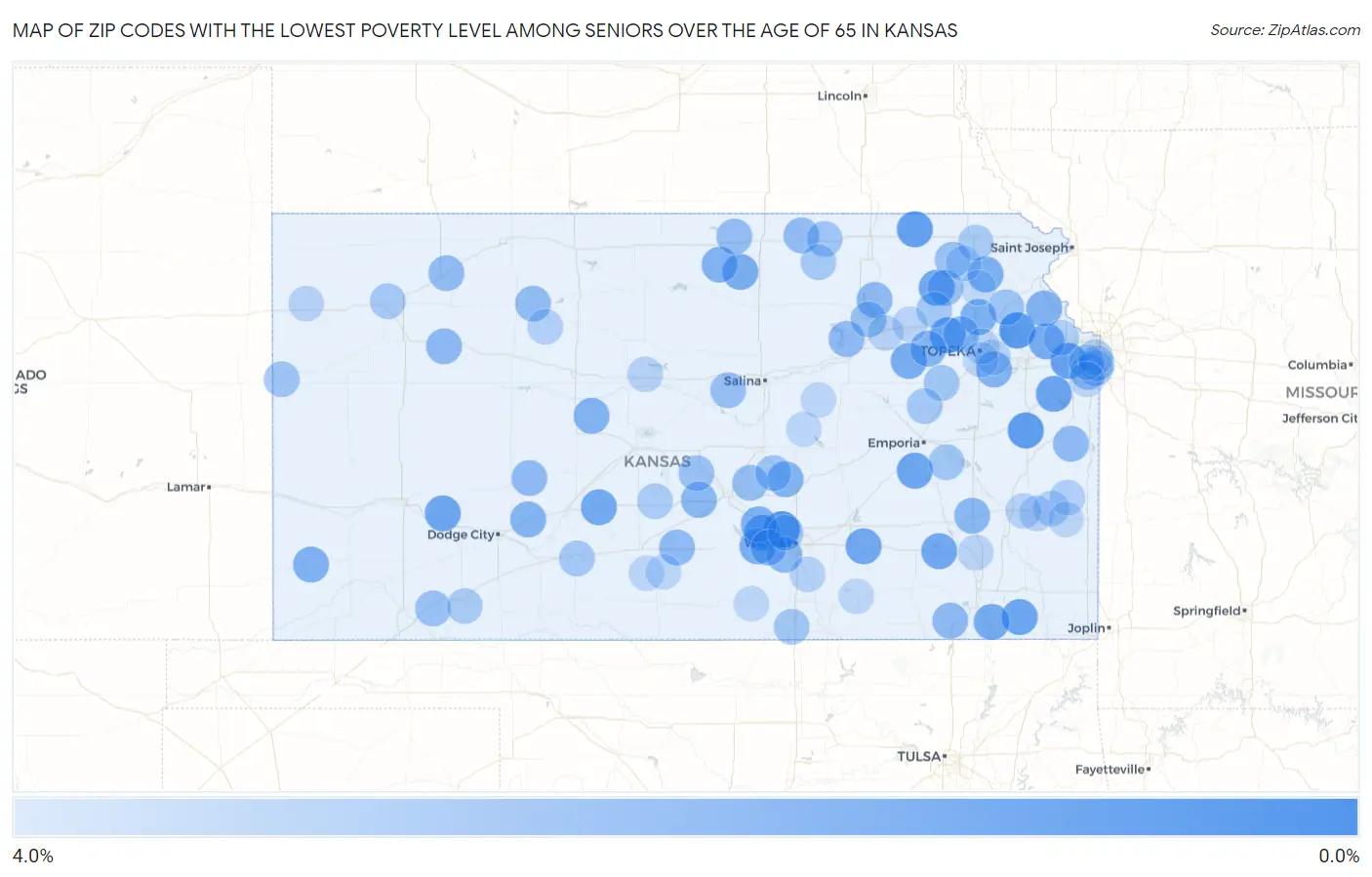 Zip Codes with the Lowest Poverty Level Among Seniors Over the Age of 65 in Kansas Map