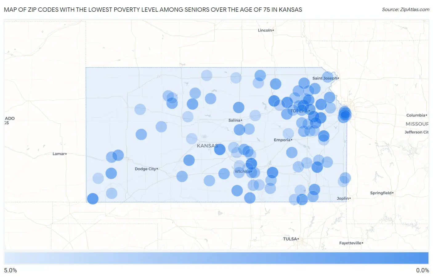 Zip Codes with the Lowest Poverty Level Among Seniors Over the Age of 75 in Kansas Map