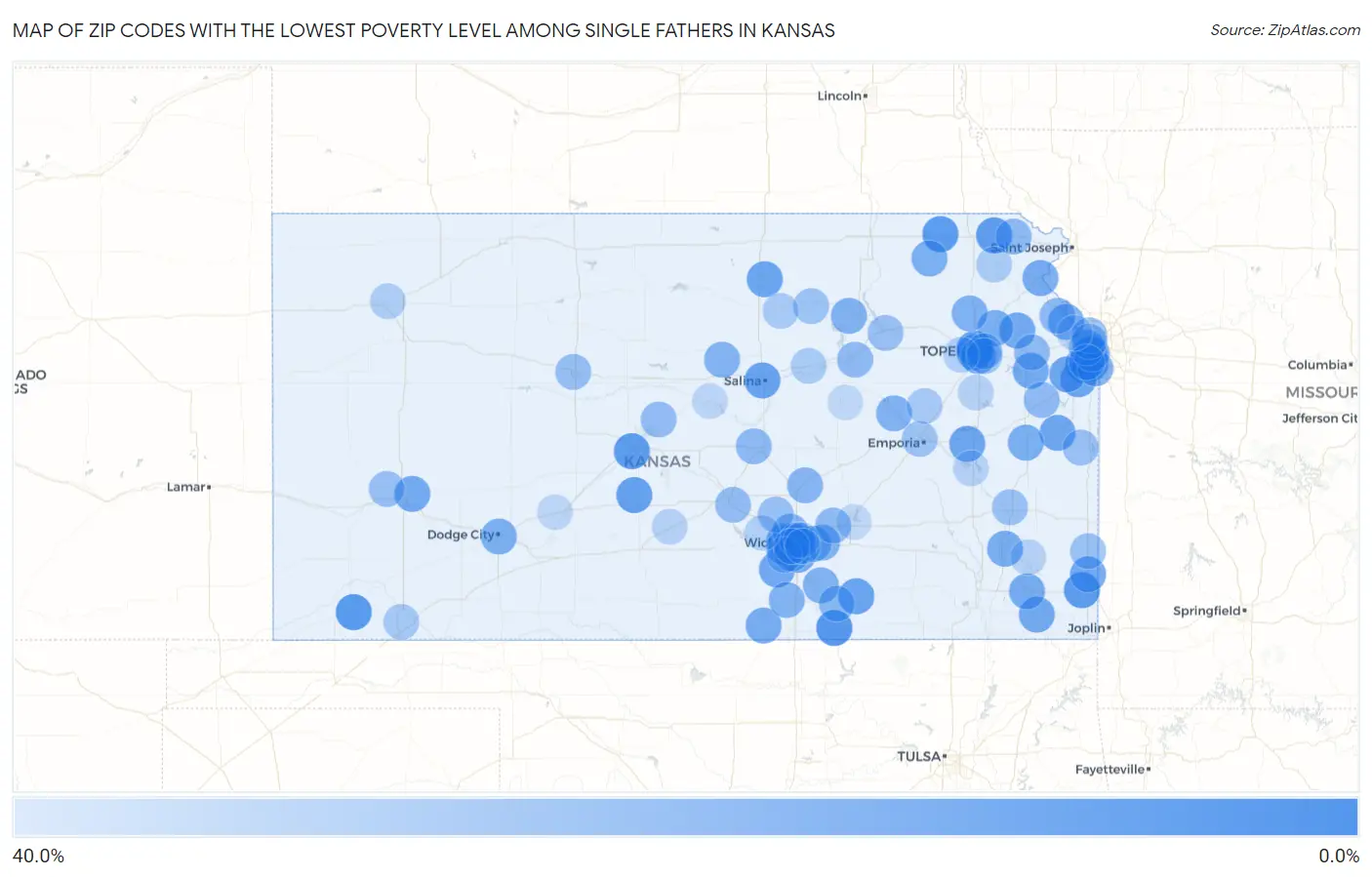 Zip Codes with the Lowest Poverty Level Among Single Fathers in Kansas Map