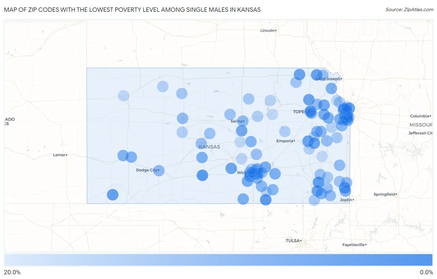 Zip Codes with the Lowest Poverty Level Among Single Males in Kansas Map