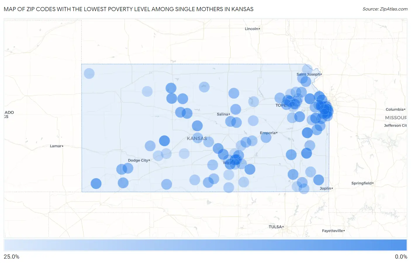 Zip Codes with the Lowest Poverty Level Among Single Mothers in Kansas Map