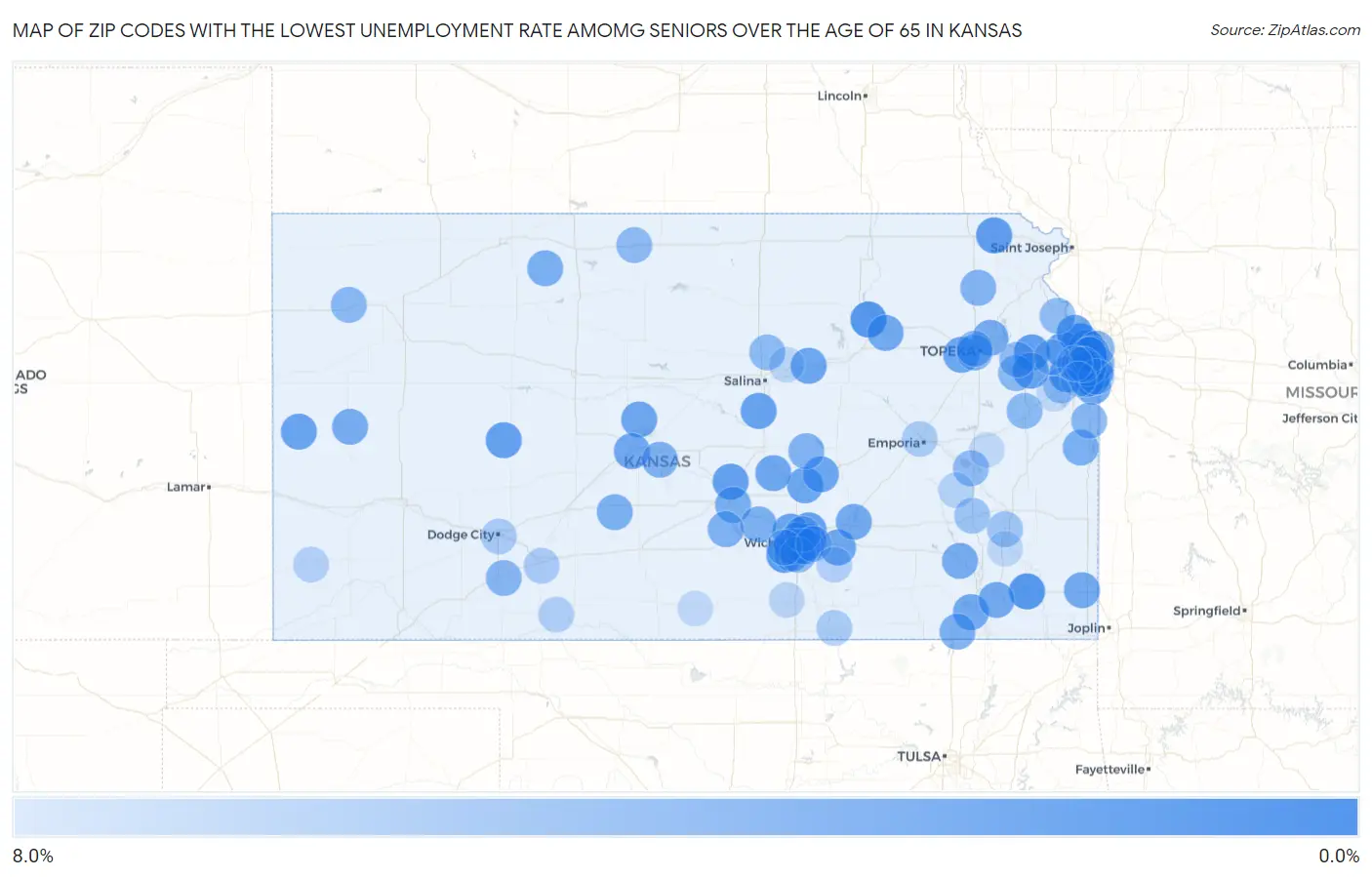 Zip Codes with the Lowest Unemployment Rate Amomg Seniors Over the Age of 65 in Kansas Map