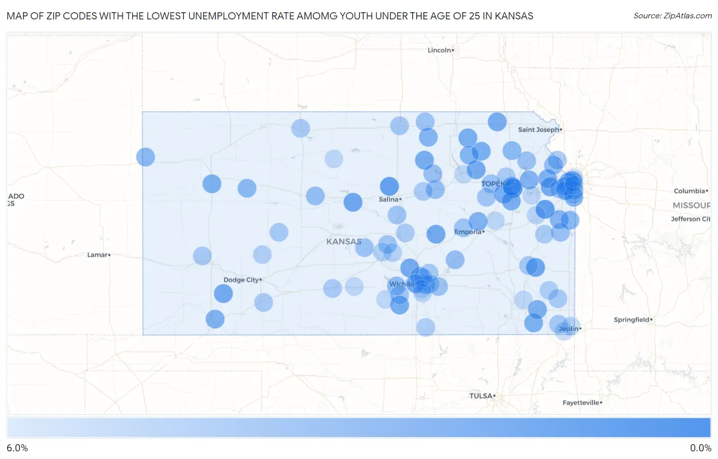 Zip Codes with the Lowest Unemployment Rate Amomg Youth Under the Age of 25 in Kansas Map