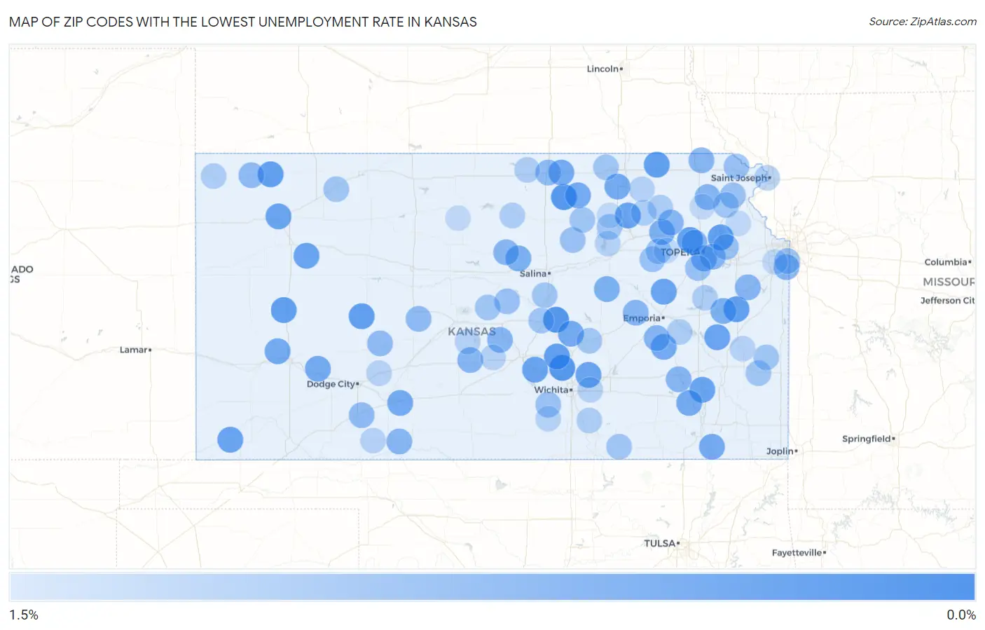 Zip Codes with the Lowest Unemployment Rate in Kansas Map
