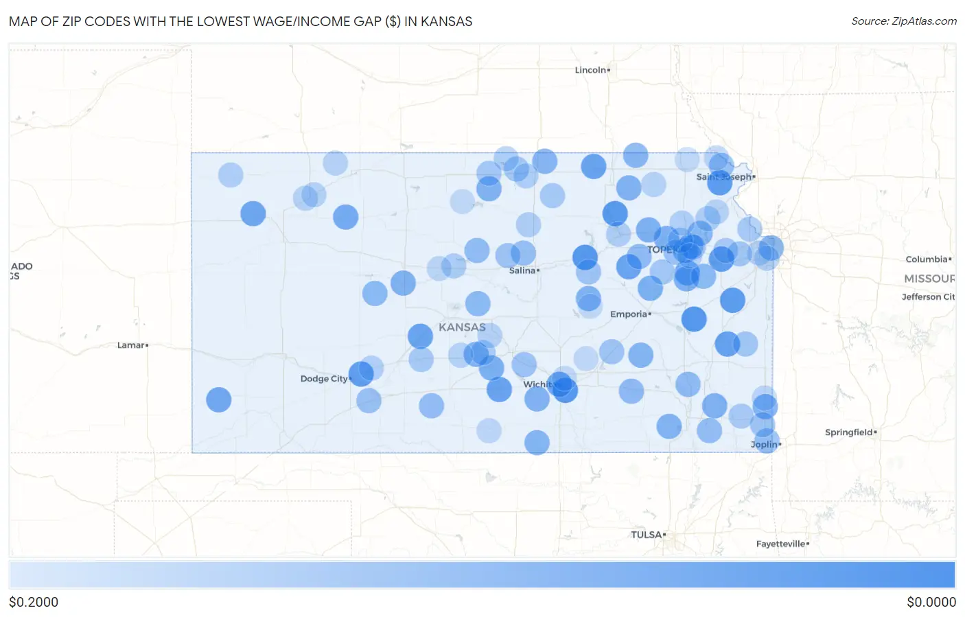 Zip Codes with the Lowest Wage/Income Gap ($) in Kansas Map