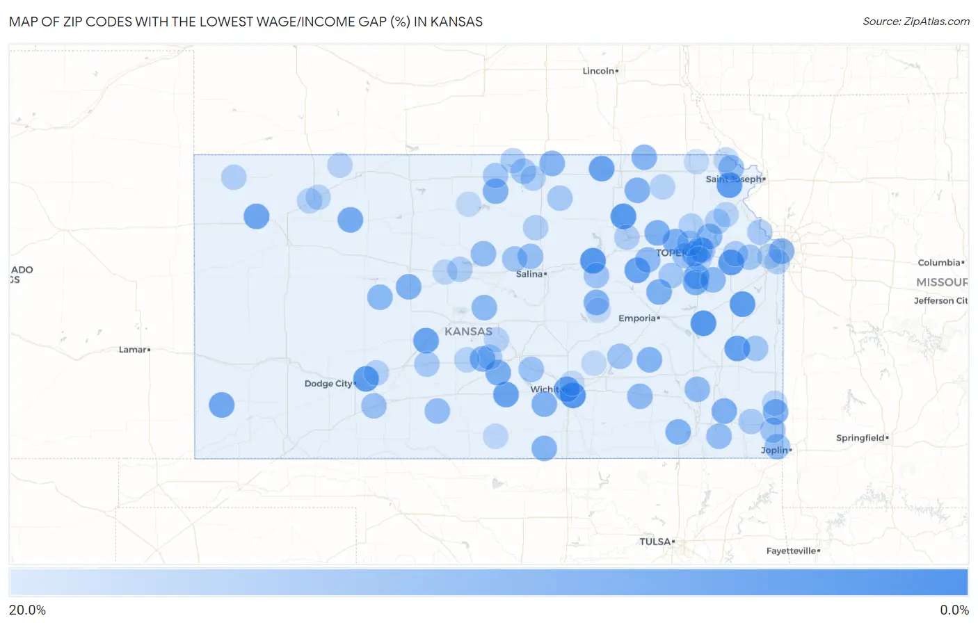 Zip Codes with the Lowest Wage/Income Gap (%) in Kansas Map