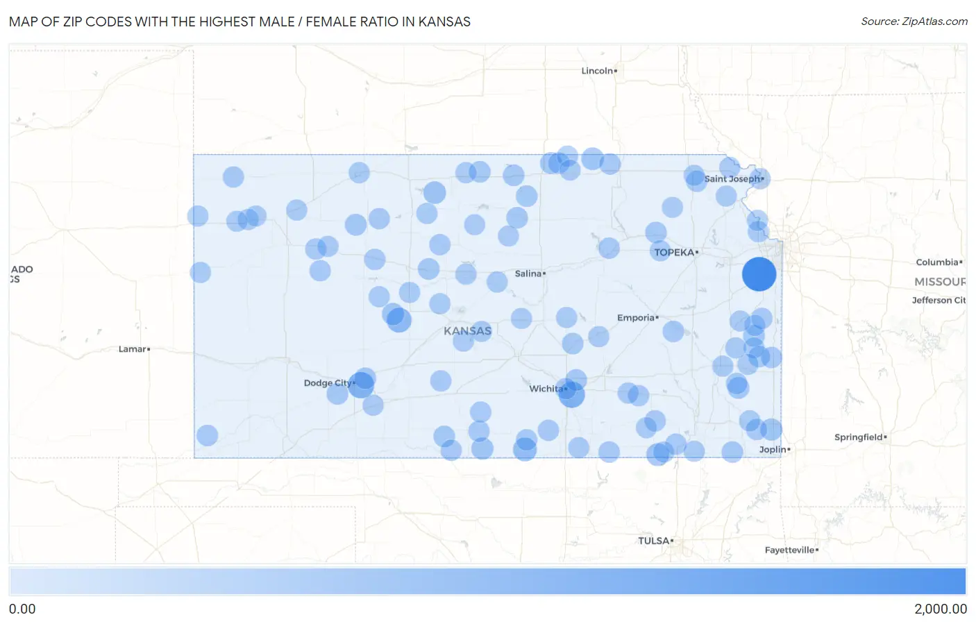 Zip Codes with the Highest Male / Female Ratio in Kansas Map