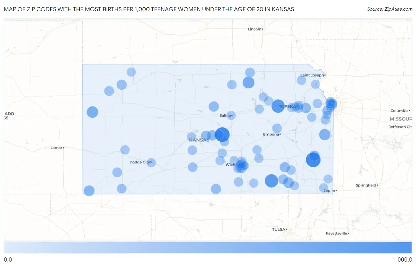Zip Codes with the Most Births per 1,000 Teenage Women Under the Age of 20 in Kansas Map